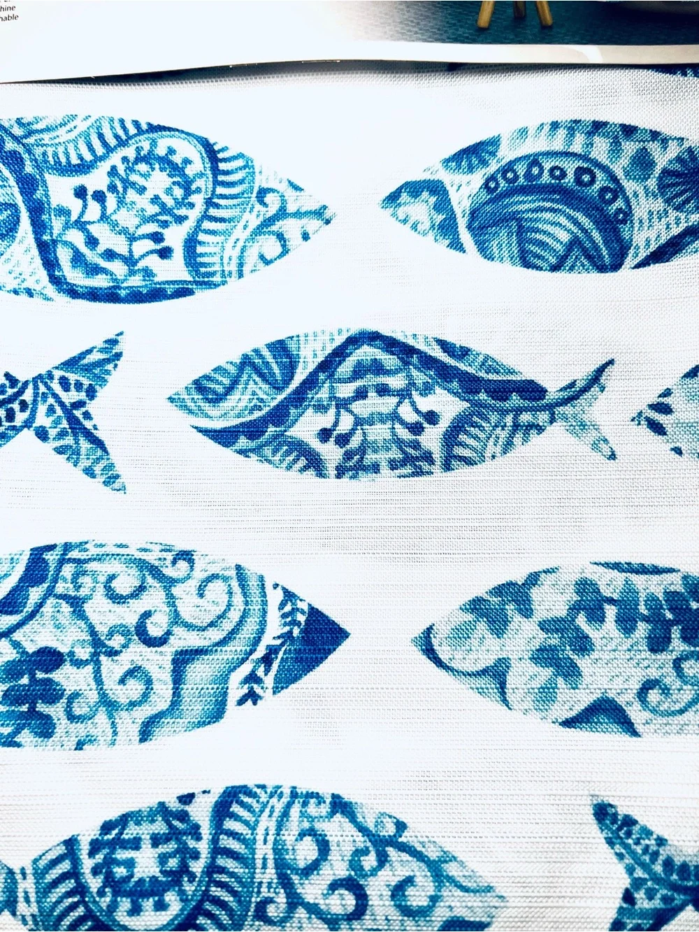 Patterned Blue Fish Fabric Shower Curtain Coastal Beach
